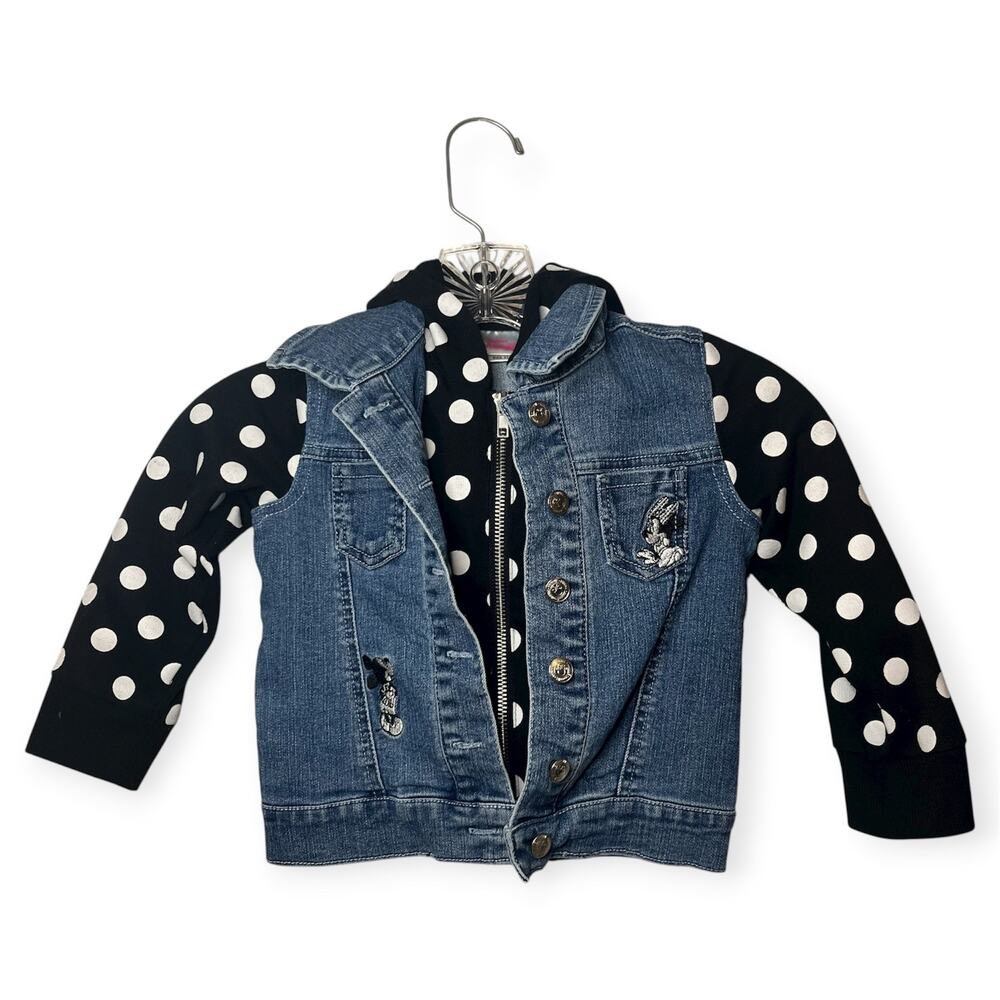 Disney Minnie Mouse Polka Dot Denim Hoodie Jacket Vest Ears Bow Toddler 3T Cute‎
